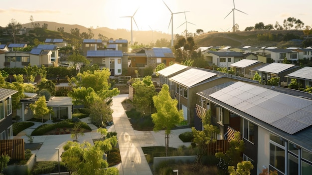 Photo a scenic sunlit ecofriendly neighborhood with solar panels on rooftops and wind turbines in the background promoting sustainable living