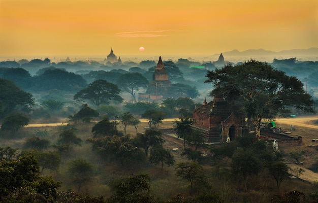 Scenic sunrise above Bagan in Myanmar