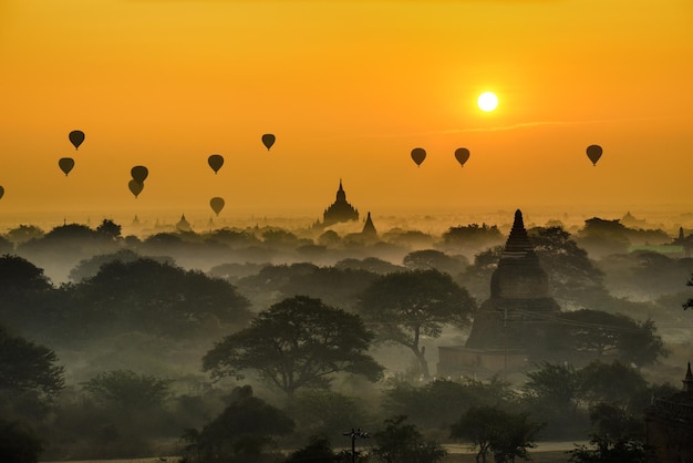 Scenic sunrise above Bagan in Myanmar