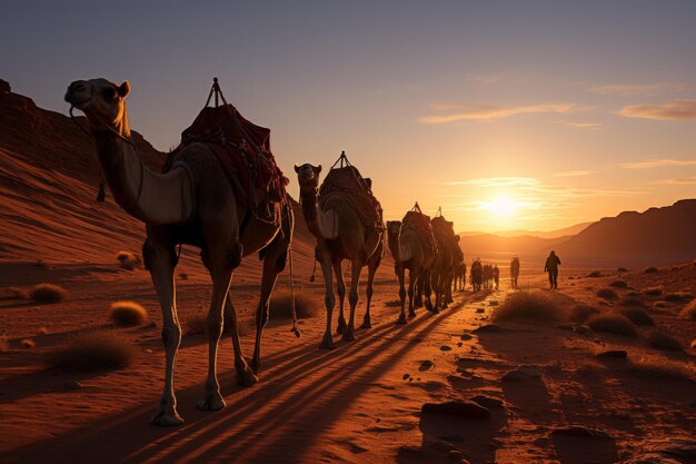 Scenic sunset desert landscape with trekking camels and sun setting over sand dunes