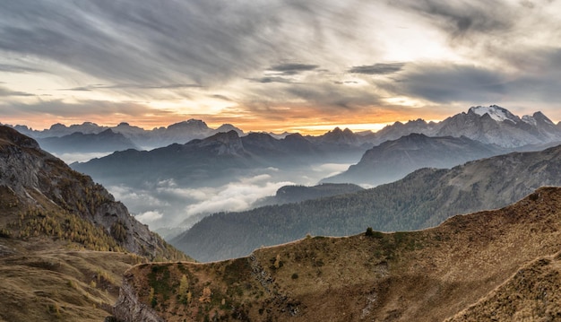 Scenic sunset landscape in Dolomites mountains Italy