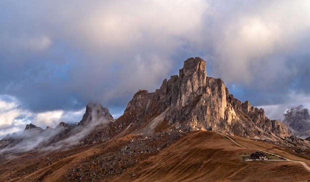 Scenic sunset landscape in Dolomites mountains Italy