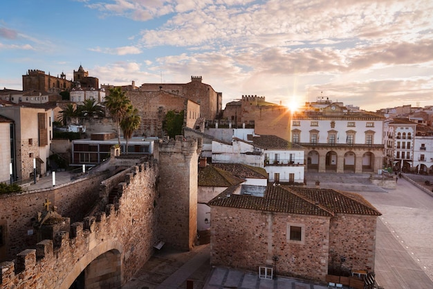 Scenic sunset in the medieval city of Caceres Spain High quality photo