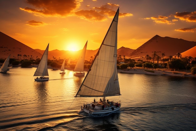 Scenic sunset nile river boats aswan desert egyptian pyramids in harmonious view