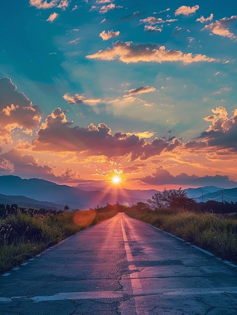 Scenic Sunset Over Open Road with Mountain Views