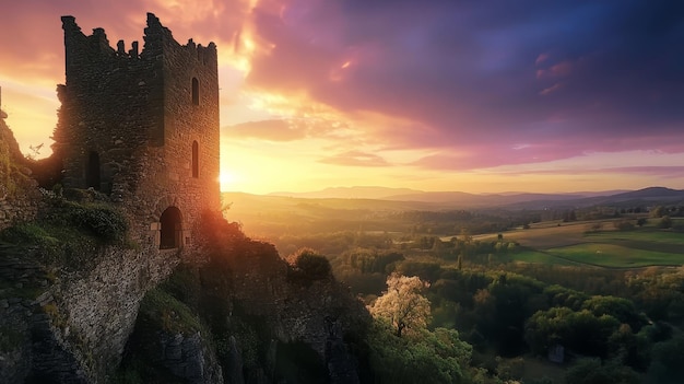 Photo scenic sunset view of ancient castle and landscape