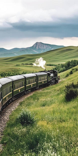 Photo scenic train journey through rolling hills