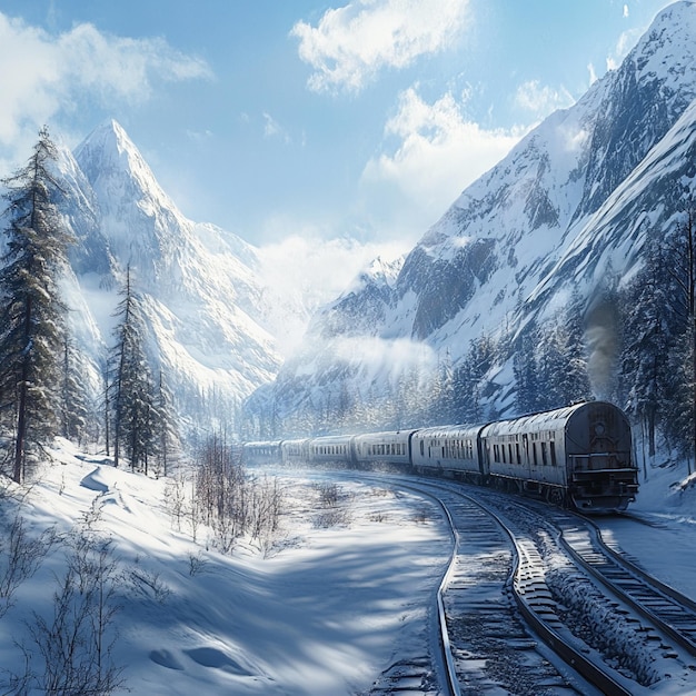 Photo a scenic train ride through snowy mountains and frozen valleys