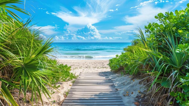 Photo scenic tropical beach with clear blue sky lush greenery and serene ocean view