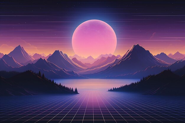 Scenic vaporwave synth background landscape Generative Ai