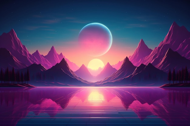 Scenic vaporwave synth background landscape Generative Ai