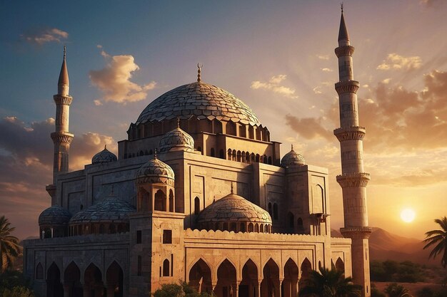 Scenic view of an ancient mosque at sunset