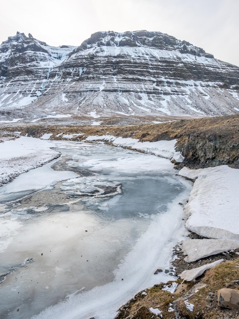 Scenic view around Kirkjufellfoss waterfall in north of Iceland and slippery ice pond