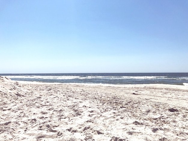 Scenic view of beach against clear blue sky