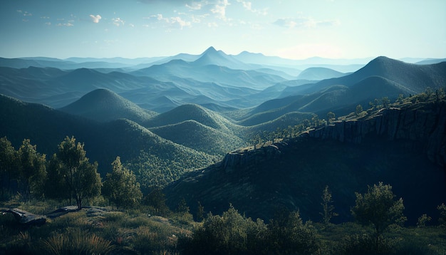 Scenic view of blue ridge mountains 3d rendering Generative AI