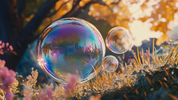 Photo a scenic view of bubbles in a goldenhued garden