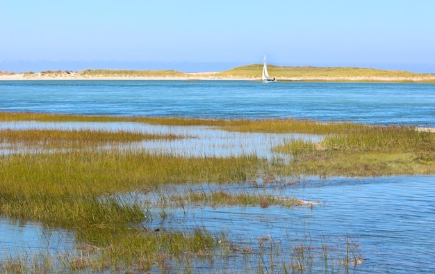 Scenic view of calm lake against clear sky