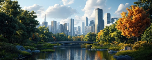 Photo scenic view of a city skyline in the distance seen from a park with autumncolored trees under a partly cloudy sky