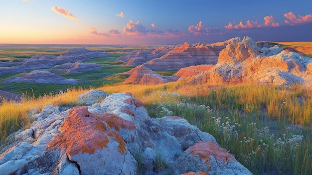 Scenic view of colorful rock formations at sunset in a grassy landscape