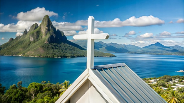 A scenic view of a cross atop a church with mountains and ocean in the background during daytime