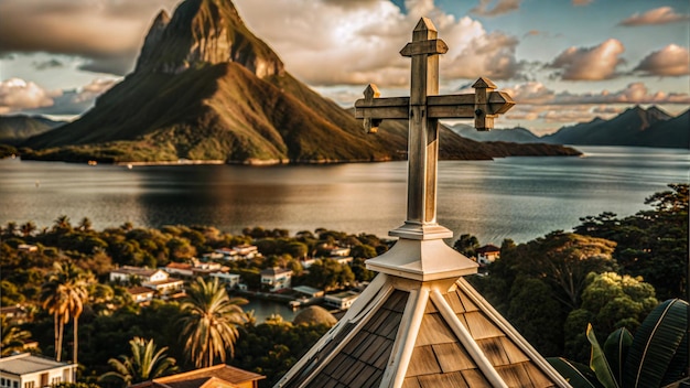 A scenic view of a cross atop a church with mountains and ocean in the background during daytime