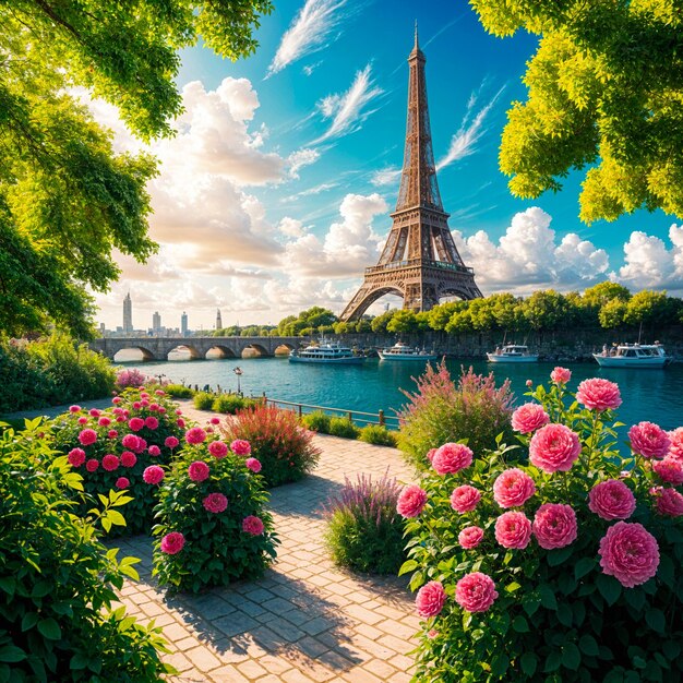 Scenic View of the Eiffel Tower from a Blossoming Garden by the Seine River on a Sunny Day