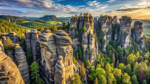 scenic view of the Elbsandsteingebirge sandstone mountains with the Bastei Bridge in an asymmetrical composition