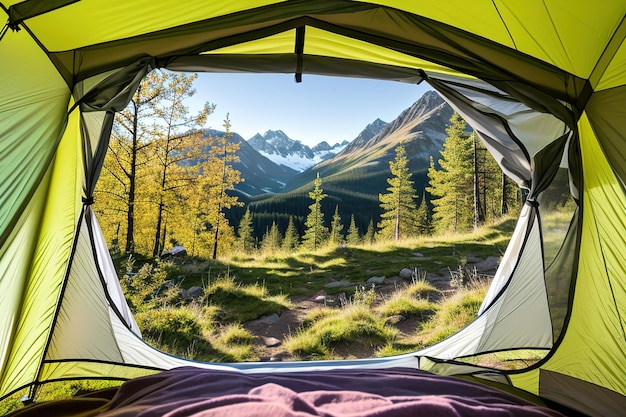 Scenic view from the tourist tent Active recreation hiking in nature Generative AI