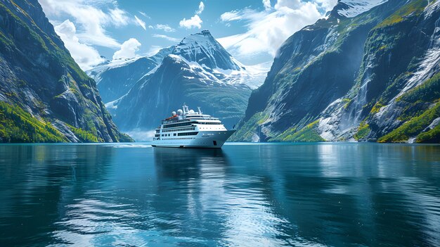 Photo scenic view of geirangerfjord with cruise ship sailing through norway fjord geirangerfjord