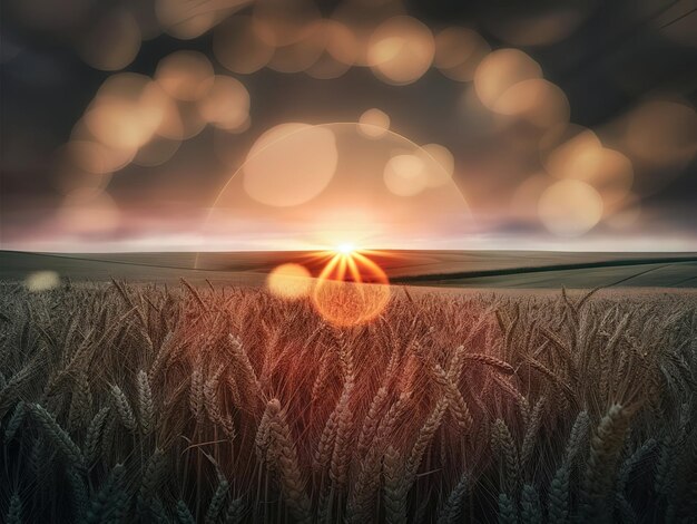 Photo scenic view of golden wheat field at sunset with glowing sun and blurred bokeh lights