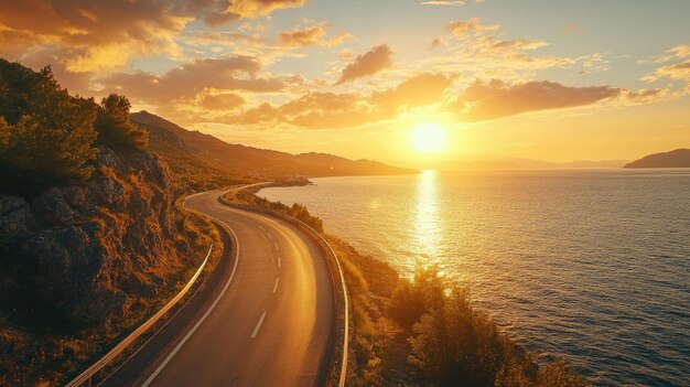 Photo scenic view of a highway by the sea with a sunset casting golden light