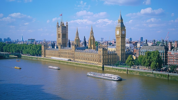 Scenic view of the iconic Houses of Parliament and Big Ben by the River Thames showcasing London39s architectural beauty