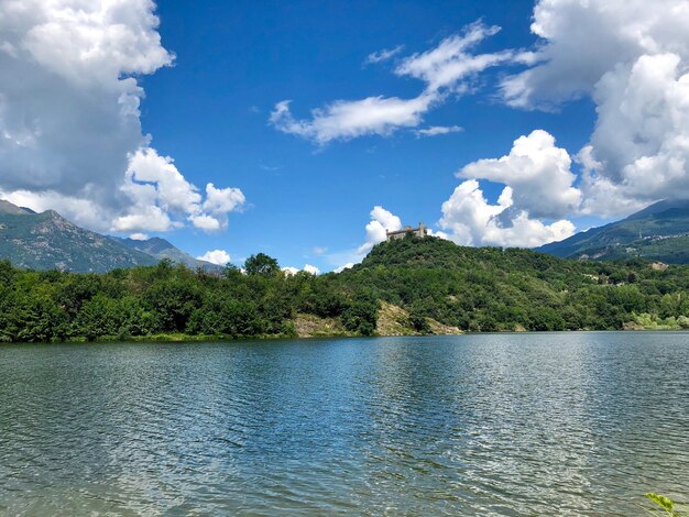 Scenic view of lake by mountains against sky