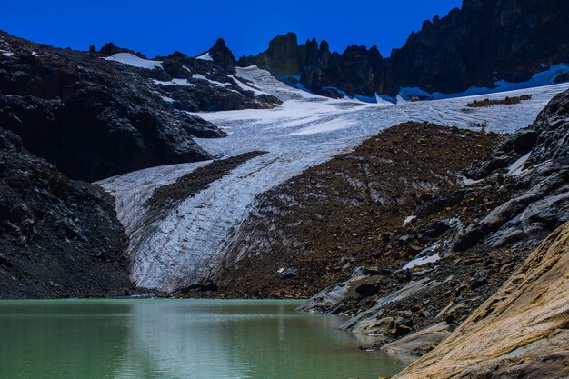 Scenic view of lake by snowcapped mountains against sky