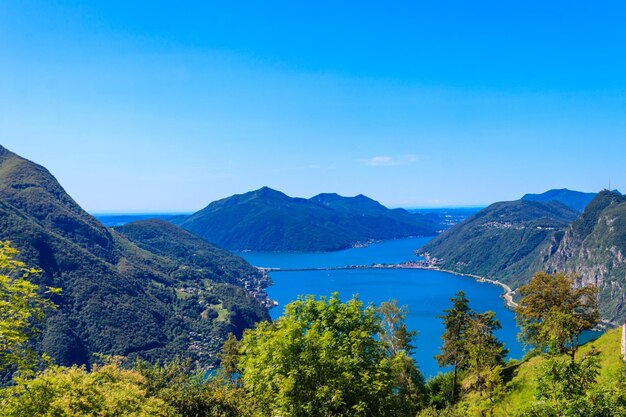 Scenic view of lake Lugano from Monte Bre mountain in Ticino canton Switzerland