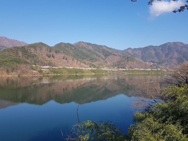 Scenic view of lake and mountains against sky