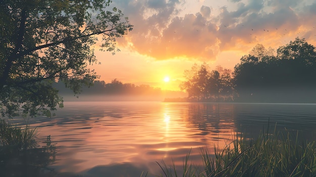 A scenic view of a lake at sunset with a tree in the foreground