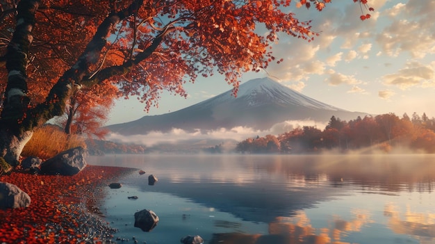 Scenic view of a lake with a majestic mountain in the background Perfect for nature and travel concepts