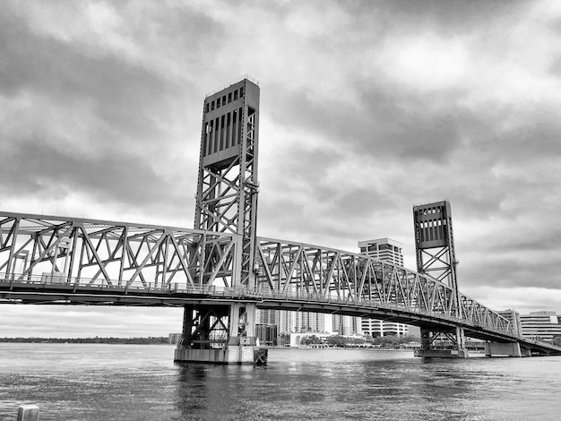 Scenic view of a long bridge on a cloudy sky background