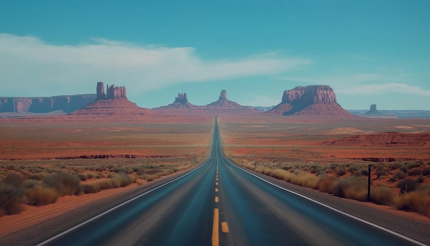 Photo scenic view of a long straight road leading through the stunning red rock formations of monument v