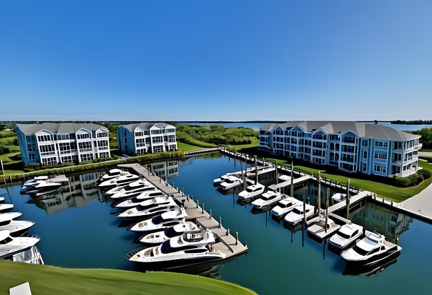 Scenic View of a Modern Marina with Luxury Yachts and Waterfront Condominiums in Clear Blue Sky