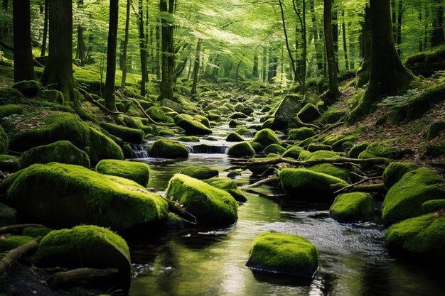 Scenic view of mosscovered stones in a babbling forest brook