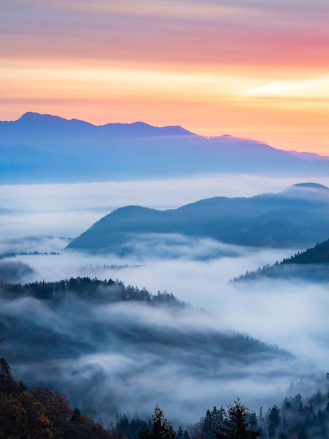 Scenic view of mountains against sky during sunset