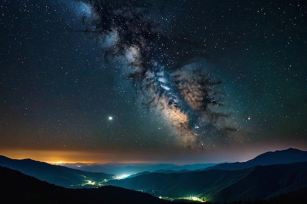 Scenic view of mountains against a star field at night