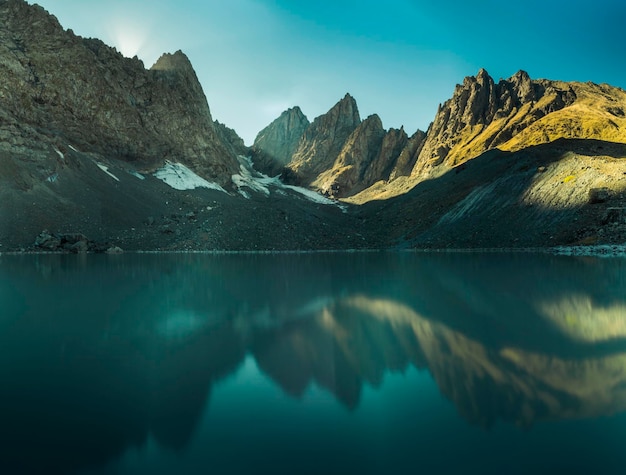 Scenic view of mountains in lake against sky