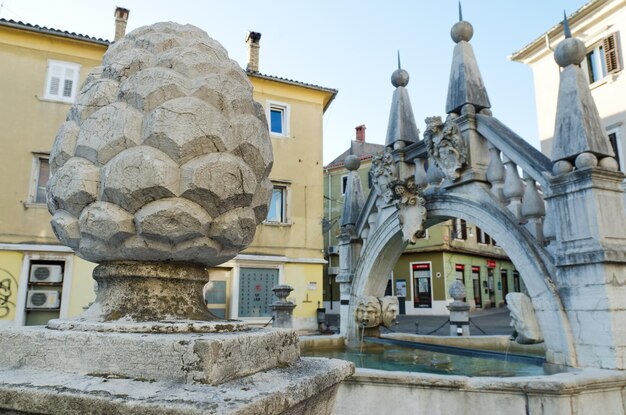 Scenic view of old town of city and main square at Adriatic seaside, Koper. Old architecture. Palms