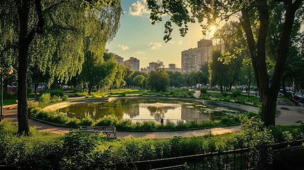 Scenic view of the park in the center of the big city in the summer With a lagoon in the middle and green trees In the atmosphere of evening light