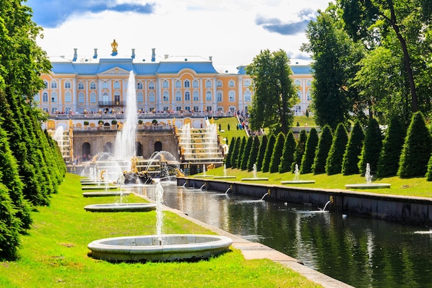 Scenic view over Peterhof Palace and Sea Channel in St Petersburg Russia