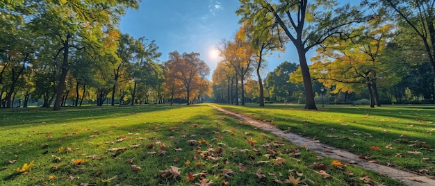 Photo a scenic view of a public park with lush trees and winding walk paths captured from a low angle