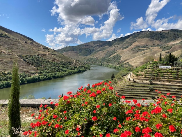 Scenic view of river by mountains against sky